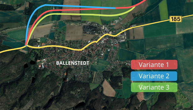 Skizze möglicher Verläufe der Ortsumfahrung Ballenstedt