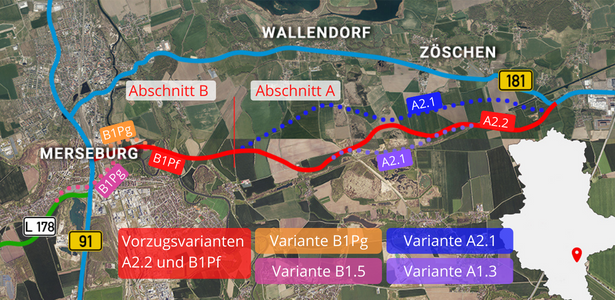 Kartenskizze möglicher Varianten der Ortsumgehung Zöschen-Wallendorf-Merseburg