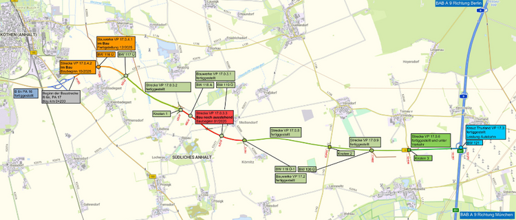 Kartenausschnitt Ostumgehung Köthen – Autobahn 9