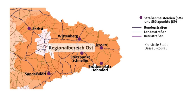 Übersichtskarte Straßenmeistereien im Regionalbereich Ost