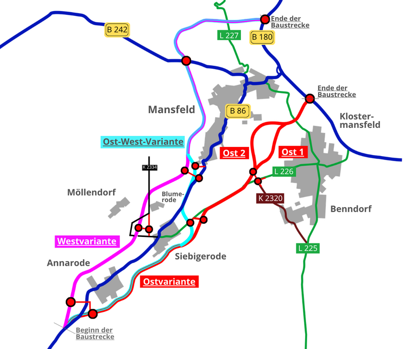 Mögliche Varianten der Ortsumgehung Annarode-Siebigerode-Mansfeld (vereinfachte Darstellung)