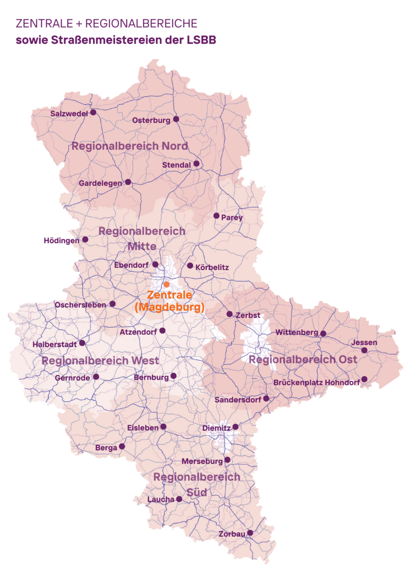 Karte mit eingezeichneten Regionalbereichen und Straßenmeistereien