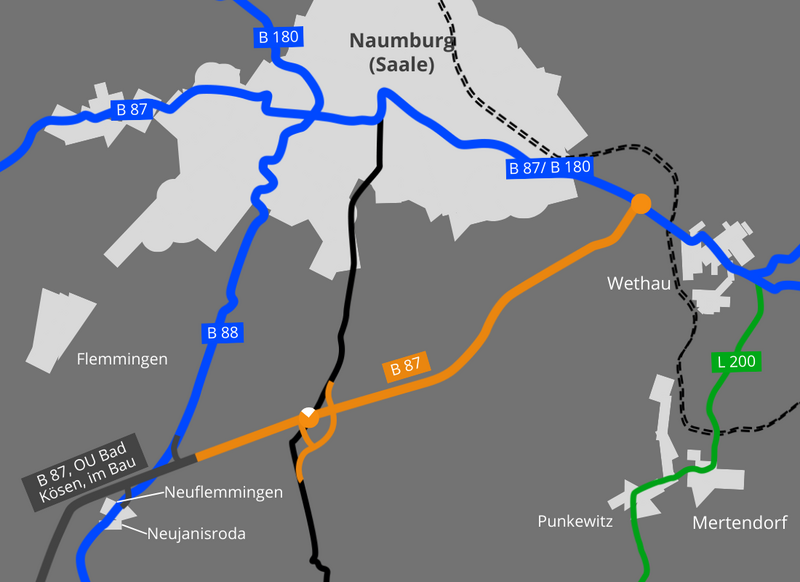 Vereinfachte grafische Darstellung des Verlaufes der Ortsumgehung Naumburg