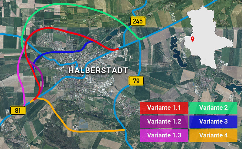 Skizze möglicher Verläufe der Ortsumgehung Halberstadt