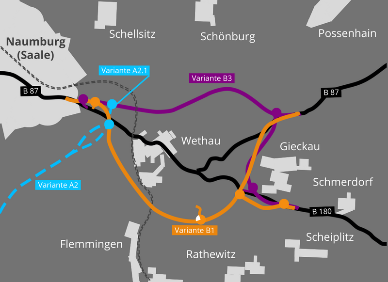 Mögliche Verlaufsvarianten der Ortsumgehung Wethau (vereinfachte Darstellung)