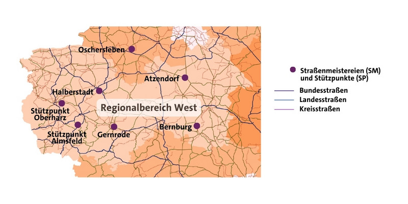 Übersichtskarte über die Straßenmeistereien des Regionalbereiches West
