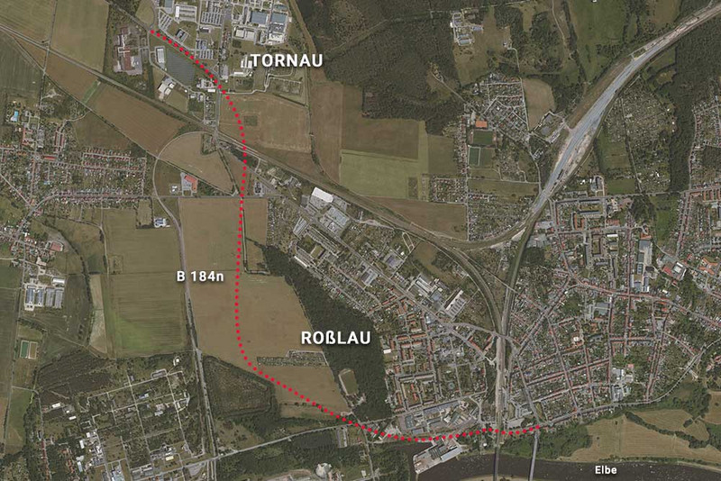 Geplanter Verlauf der Ortsumgehung Roßlau/Tornau